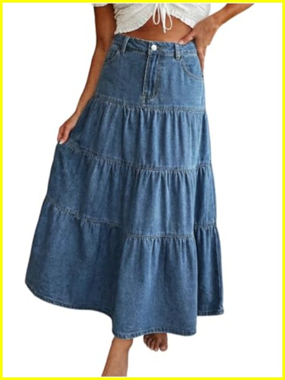 Long Denim Skirt for Women High Waisted A-Line Tiered Swing Maxi Skirt with